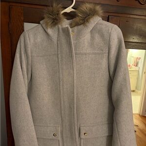 J. Crew Light Gray Hooded Coat with Faux Fur Trim